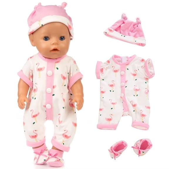 AmaMary Doll Clothing Set Pink Bird Cotton Bodysuit with Hat and Socks, Fits 16–18 inch Reborn Dolls