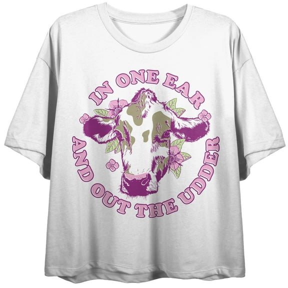 In One Ear And Out The Udder Crew Neck Short Sleeve Women's White Crop T-shirt-Medium