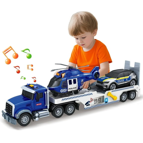 Kids 3-in-1 Police Truck Toy with Racing Car and Helicopter, with Lights & Sound, Friction Powered Truck Vehicle Toy, Gift for 3  Year Old Kids Boys Girls