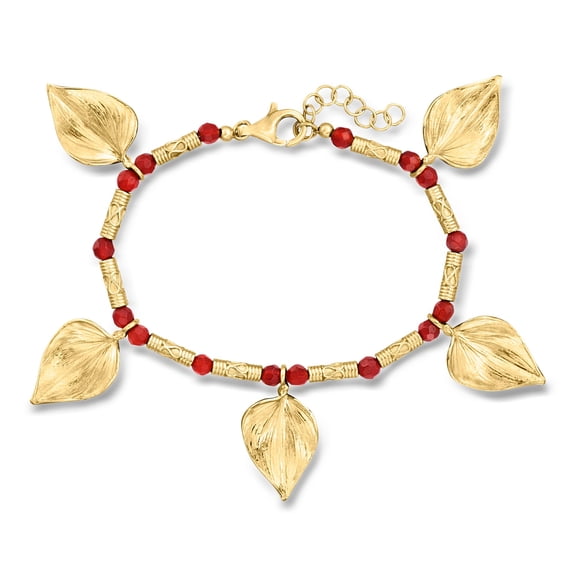 Ross-Simons Red Carnelian Bead Leaf Bracelet in 18kt Gold Over Sterling, Women's, Adult