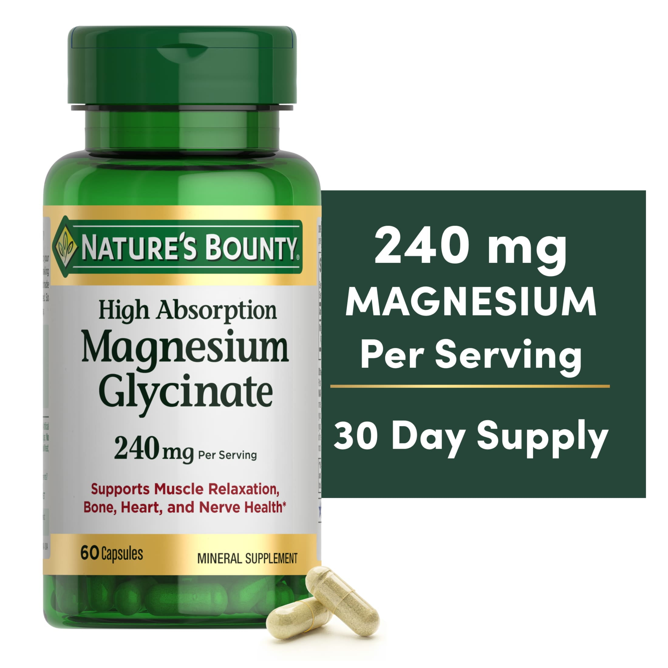(3 pack) Nature's Bounty High Absorption Magnesium Glycinate Supplements, 240mg, Supports Muscle Relaxation, Bone Heart and Nerve Health, 60 Capsules
