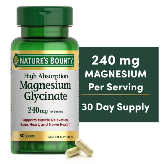 Nature's Bounty High Absorption Magnesium Glycinate Supplements, 240mg, Supports Muscle Relaxation, Bone Heart and Nerve Health, 60 Capsules