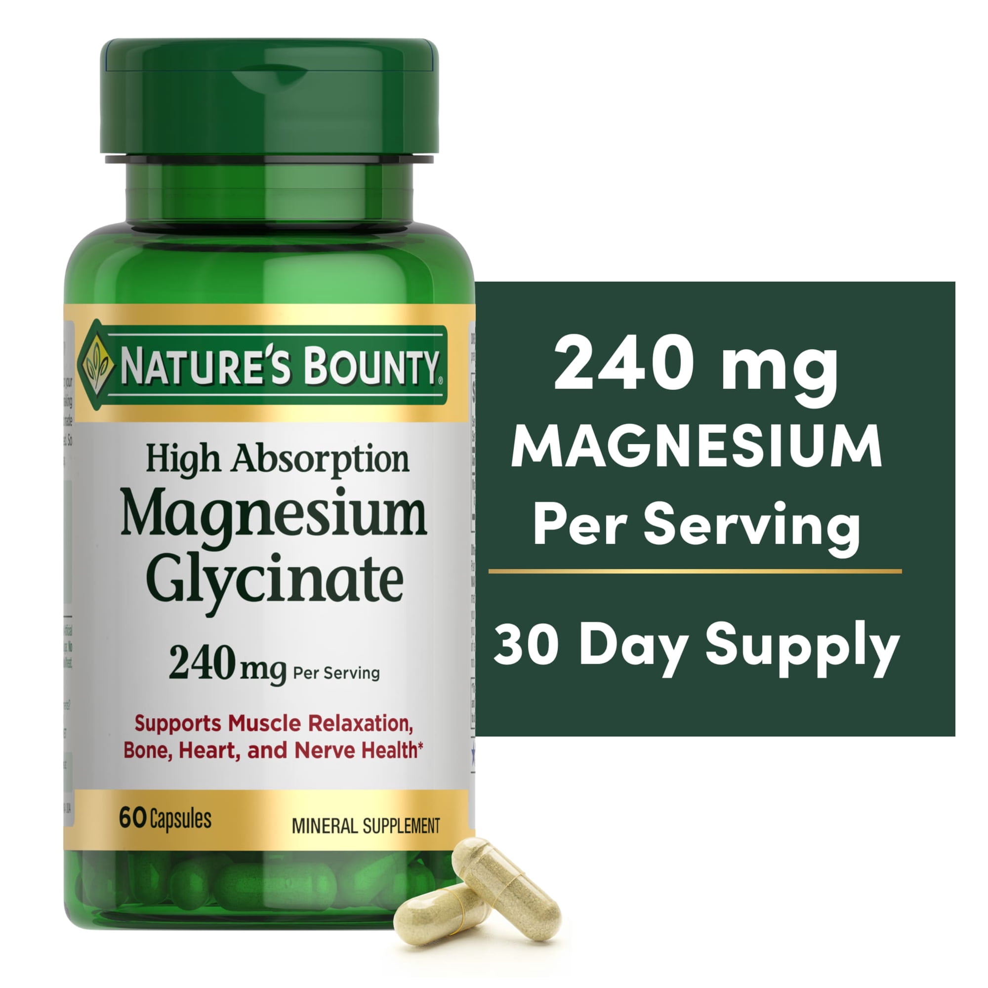 Nature's Bounty High Absorption Magnesium Glycinate Supplements, 240mg, Supports Muscle Relaxation, Bone Heart and Nerve Health, 60 Capsules