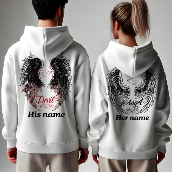Lotusprinthandmade Personalized Angel Devil Couple Matching White Hoodie 2D (S), angel devil matching hoodie set, couple hoodie with angel design