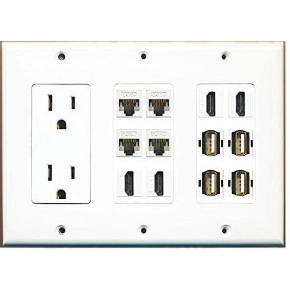RiteAV - (3 Gang 15A Power Outlet 4 HDMI 4 Cat5e White 4 USB A-A Wall Plate White