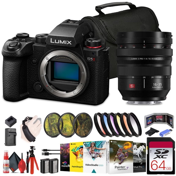 Panasonic Lumix S5 II Mirrorless Camera (DC-S5M2BODY)   Panasonic Lumix 16-35mm F/4 Lens   64GB Memory Card   Filter Kit   Color Filter Kit   Corel Photo Software   DMW-BLK22 Battery   Bag   More