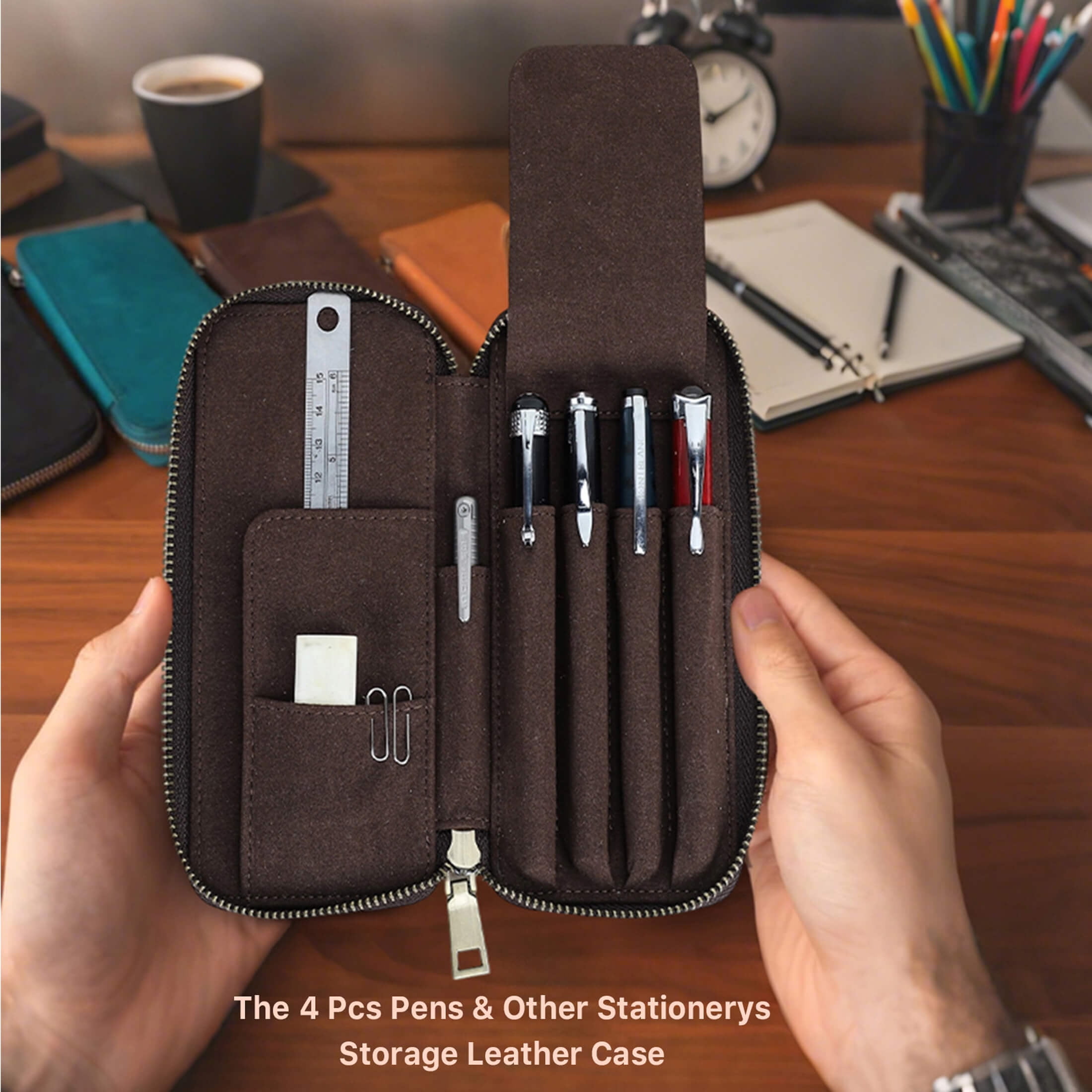 Hiram Genuine Leather Pencil Case with 4 Slots, Handmade Multifunctional Zipper Fountain Pen Bag, Student Stationery Pen Box (Coffee)