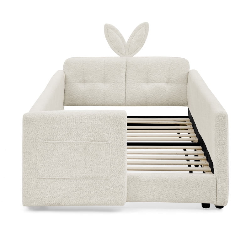 Twin Size Upholstered Platform Bed with Rabbit Ear Headboard, Kids Floor Bed with Storage Pocket & Safety Guardrail, No Box Spring Required