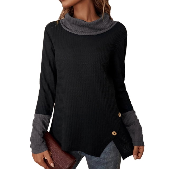 Sudadera cómoda de manga larga con cuello alto para mujer para invierno otoño oficina negro S
