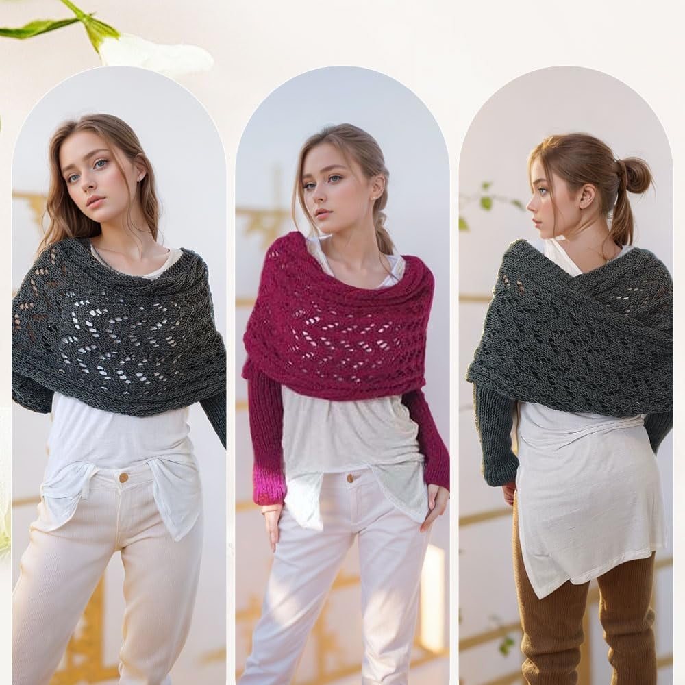 Trianu Scarf with Sleeves for Women, Green Knitted Cable Wrap, Multifunctional Crochet Shrug Sweater Wrap with Sleeves