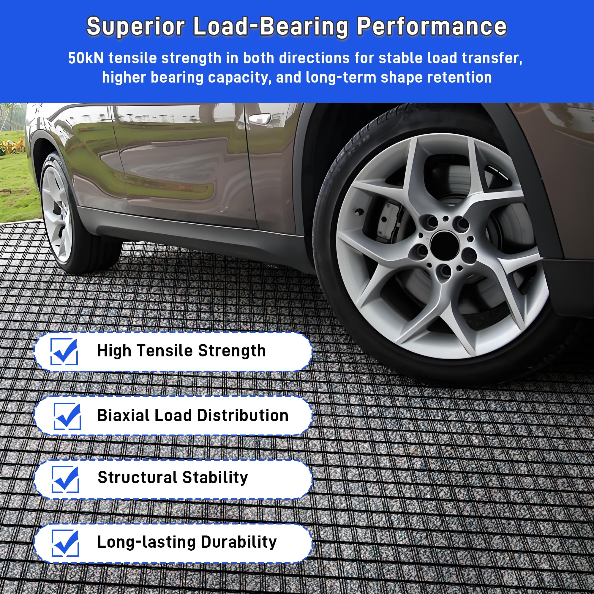 Universal Geogrid Roll Retaining Wall Fiberglass Geogrid, 3.84ft x 164ft 50KN Tensile Strength Driveway Ground Gravel Grid with Mounting Screws for Asphalt Pavement and Soil Road Slope Reinforcement