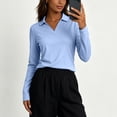 thumbnail image 4 of Tqcoqu Women's Solid Collared V Neck Long Sleeve Polos Shirts,Soft Casual Work Office Basic Pullover Tops,Blue Women's S-XXL, 4 of 7