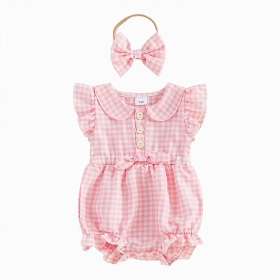 enyan Infant Newborn Baby Girl Summer Outfit One Piece Smocked Romper Ruffle Sleeve Plaid Playsuit Headband 3 6 9 12 18M(Pink,6-12 Months)