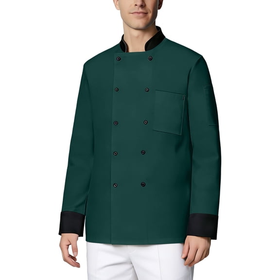 GrmtClth Chef Jacket for Men Double-Breasted Classic Cook Jacket Long Sleeve Lightweight Work Uniform Dark Green XS