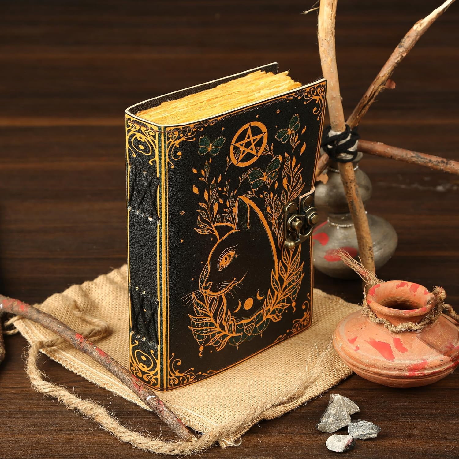Handmade Leather Cat Journal with Pentagram Design, Gothic Vintage Lock Diary Notebook