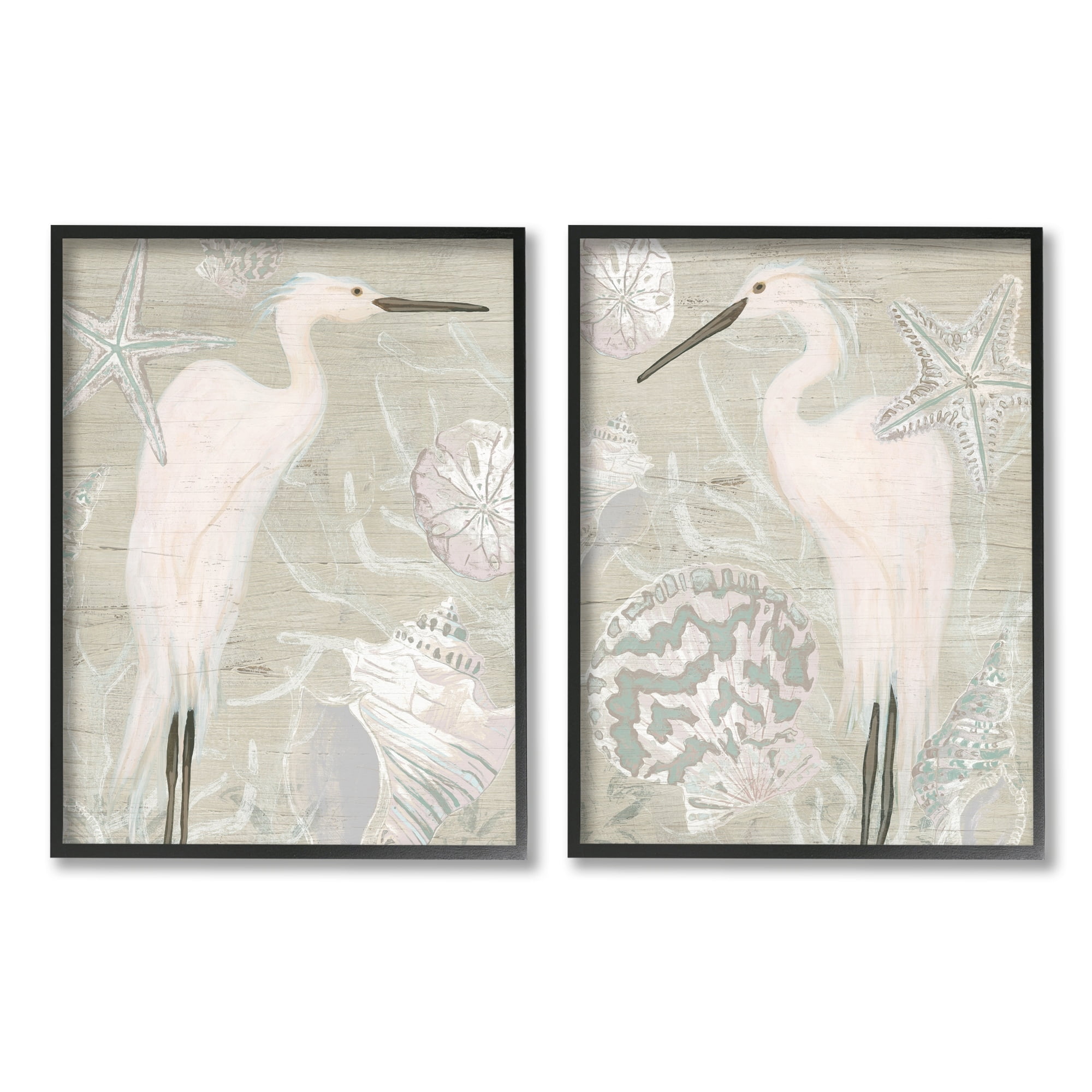 Stupell Industries White Heron Nautical Seashells Rustic Starfish Wildlife Graphic Art Black Framed Art Print Wall Art, Set of 2, Design by June Erica Vess