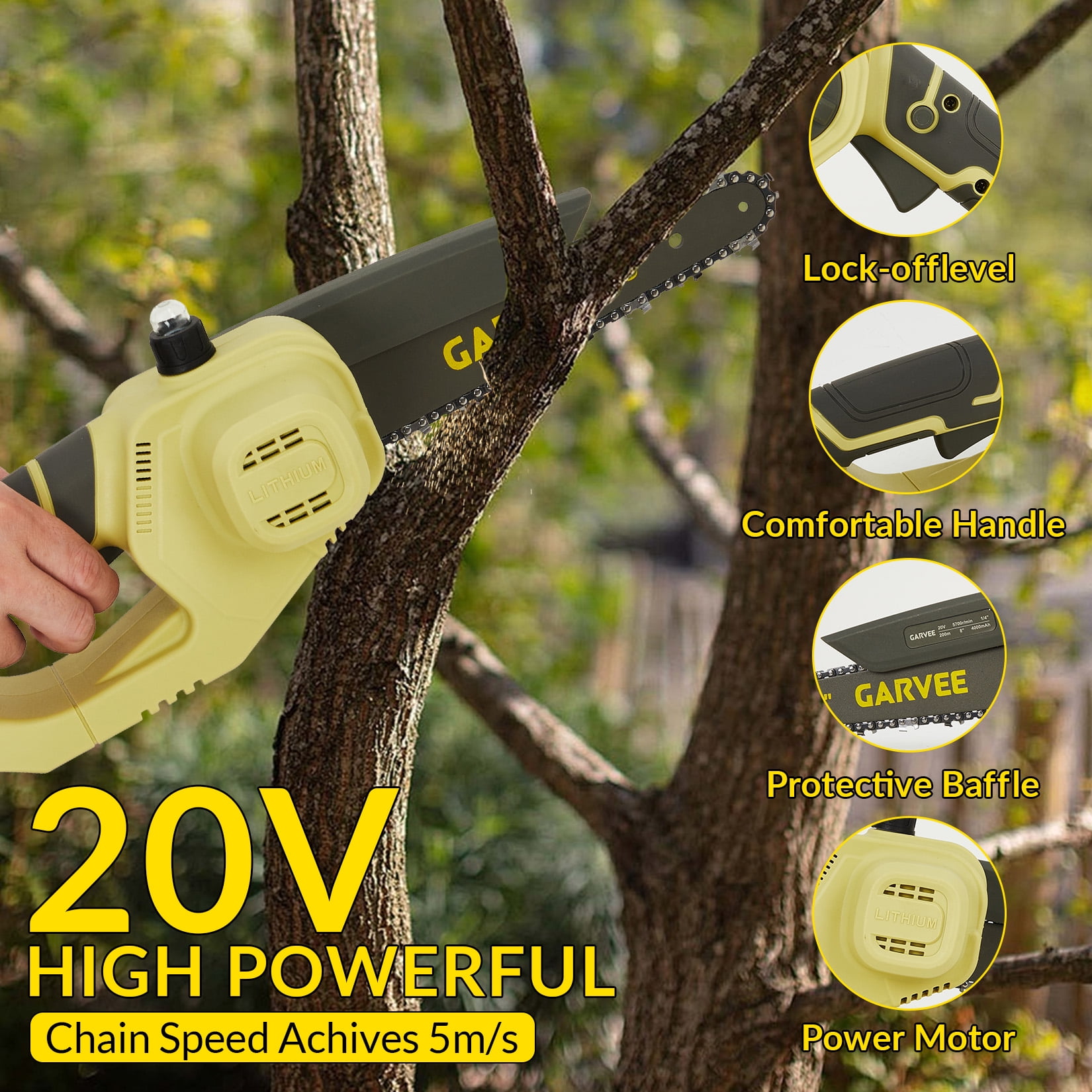 Garvee 20V MAX Brushless Mini Chainsaw, 8-Inch Cordless Electric Pruning Saw, Battery Powered for Tree Trimming, Limb Cutting, and Home Garden Use（1 battery and 1 charger）