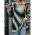 thumbnail image 2 of Womens Casual Striped Long Sleeve Shirt Trendy Crew Neck Slim Loose Fit Basic Blouses Tops Light Gray Black XL, 2 of 8
