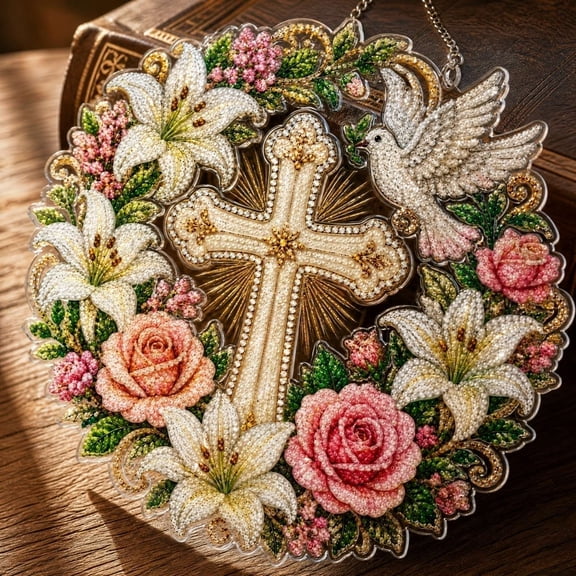 DIY Religious Diamond Art Hanging Ornament Kit, Cross Flowers Dove 5D Rhinestone Painting for Window Decor, Christian Craft Gift for Adults