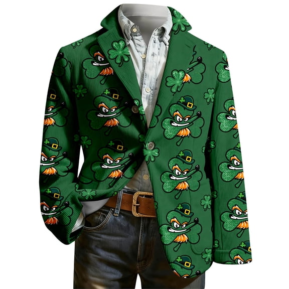 IWRICH Men's St. Patrick's Day Corduroy Blazer Long Sleeve Printed Suit Jackets Sports Coats Double Button Casual Jacket with Pocket 08-Green XL