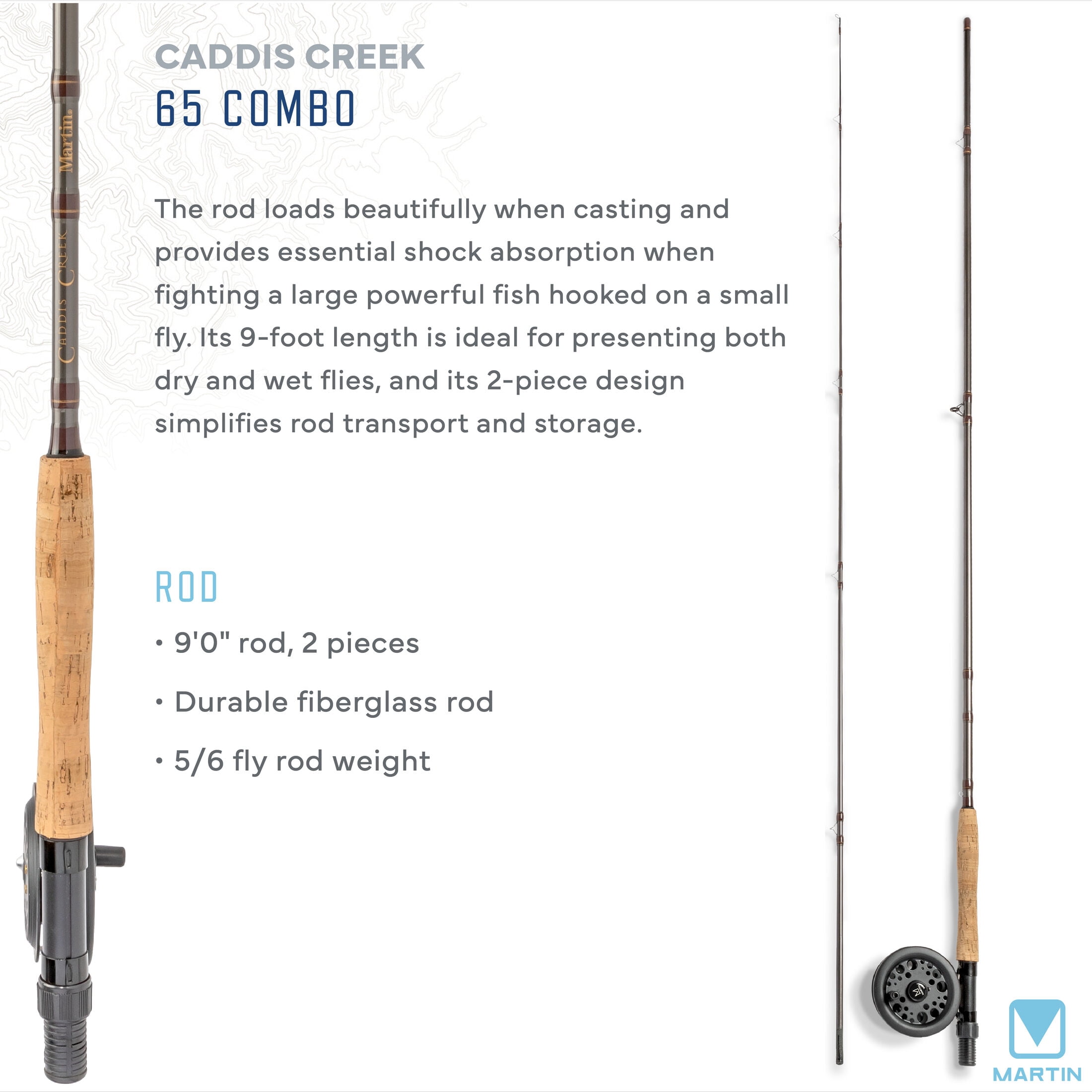 Martin Caddis Creek Fly Reel and Fishing Rod Combo, 5/6-Weight 9-Foot 2-Piece Fiberglass Rod, Brown