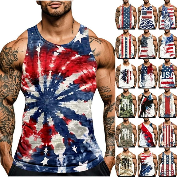 BiZtdJrK Men's 4th of July Tanks Summer USA Flag Muscle Gym Workout T-Shirts American Flag Patriotic Tops Sleeveless Cotton Basic Tees