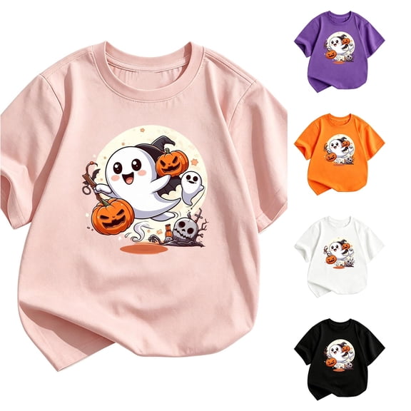Zylarhe Boys Halloween Shirts Short Sleeve Crewneck Casual Summer Fashion Top with Cute Print for Kids Pink 9-10 Years