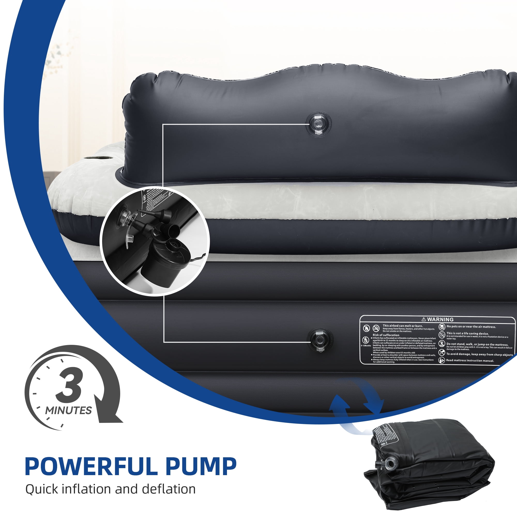 Uforic FullXL Air Bed featuring Headboard, 18in Inflatable Mattress with Pillow, Portable Electric Pump, Black - Ideal Queen Air Mattress for Camping & Home Use