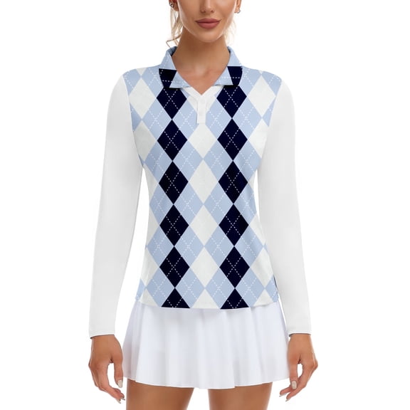 Women’s Colorblock Golf Polo Shirt Long Sleeve Collared V-Neck Quick Dry Tennis Top with UV Protection