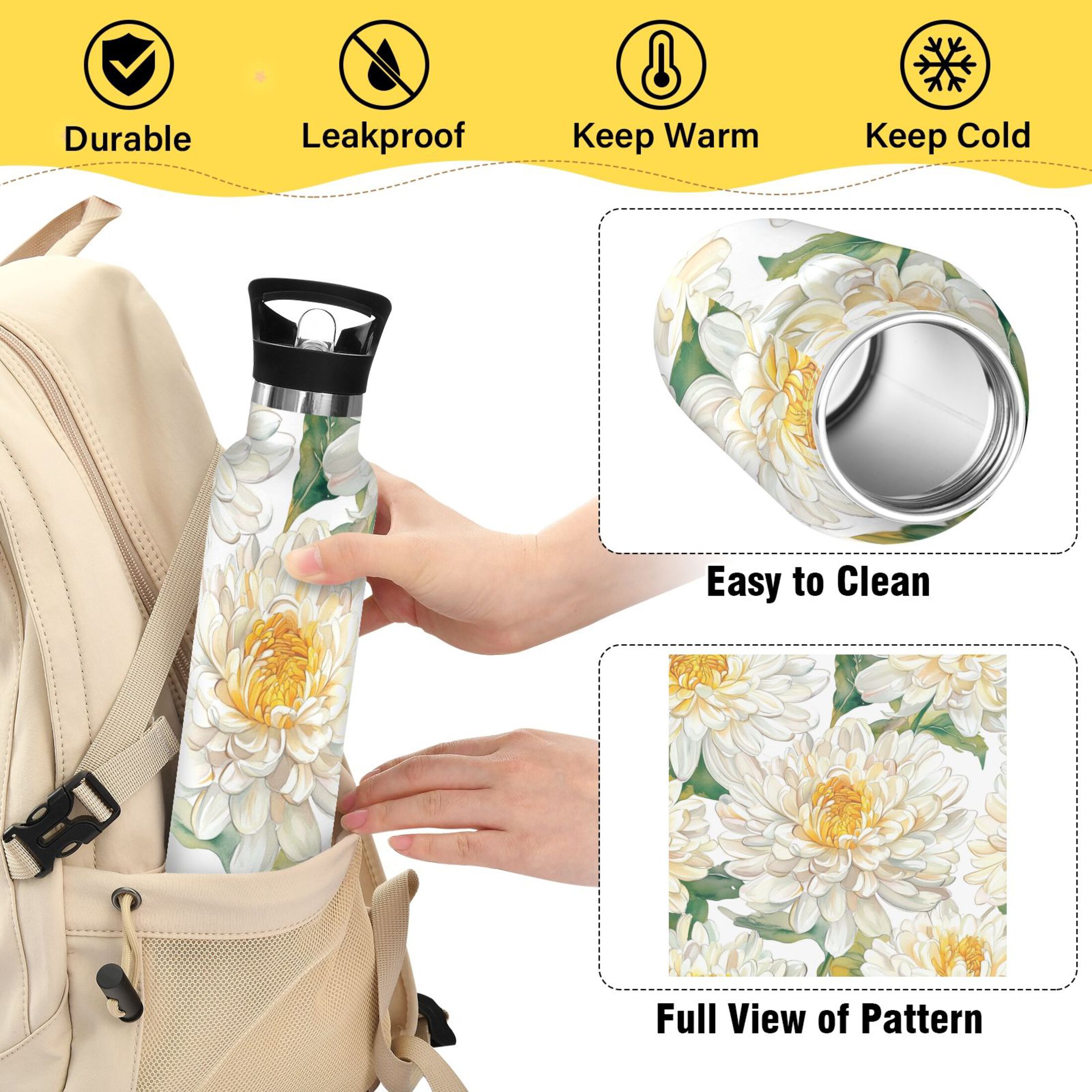 600ML Stainless Steel Insulated Cup Sports Water Bottle Portable Thermos Cup Water Glasses Insulated Tumblers Convenient and Durable Chrysanthemums White