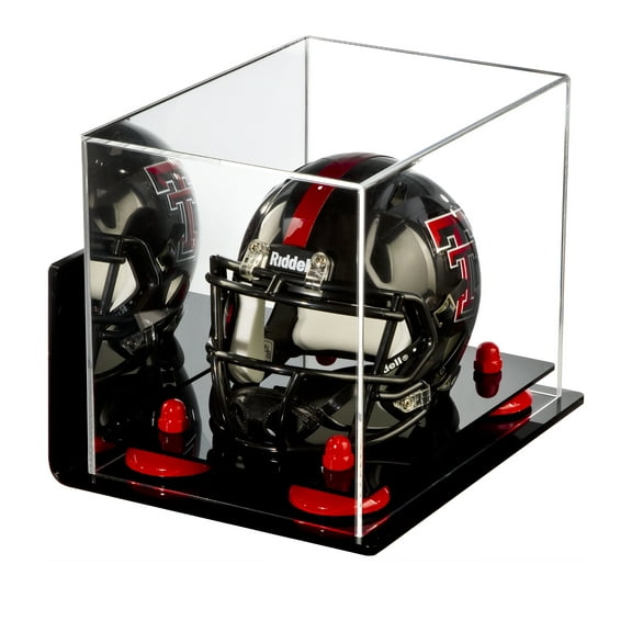 Mini Football Helmet Display Case (not full size) - - Clear Acrylic Plexiglass with Wall Mount, Mirror and Red Risers (A003-RR)