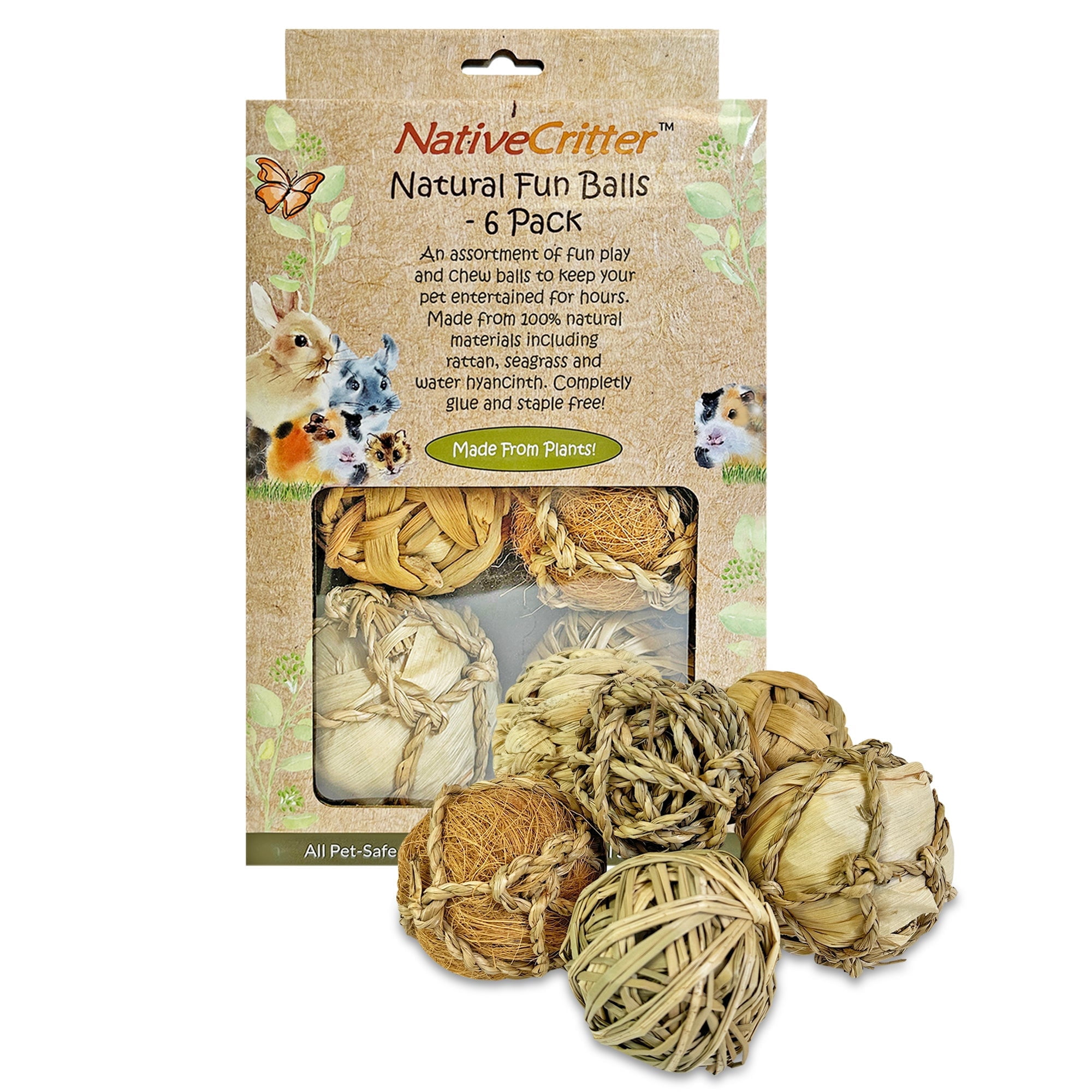 6 Natural Grass Chew Balls- Fun & Unique Chew for Hamsters, Gerbils, Rabbits, Guinea Pigs, Prairie Dogs, Chinchillas, Degus, Squirrels, Rats, and other small chewing animals