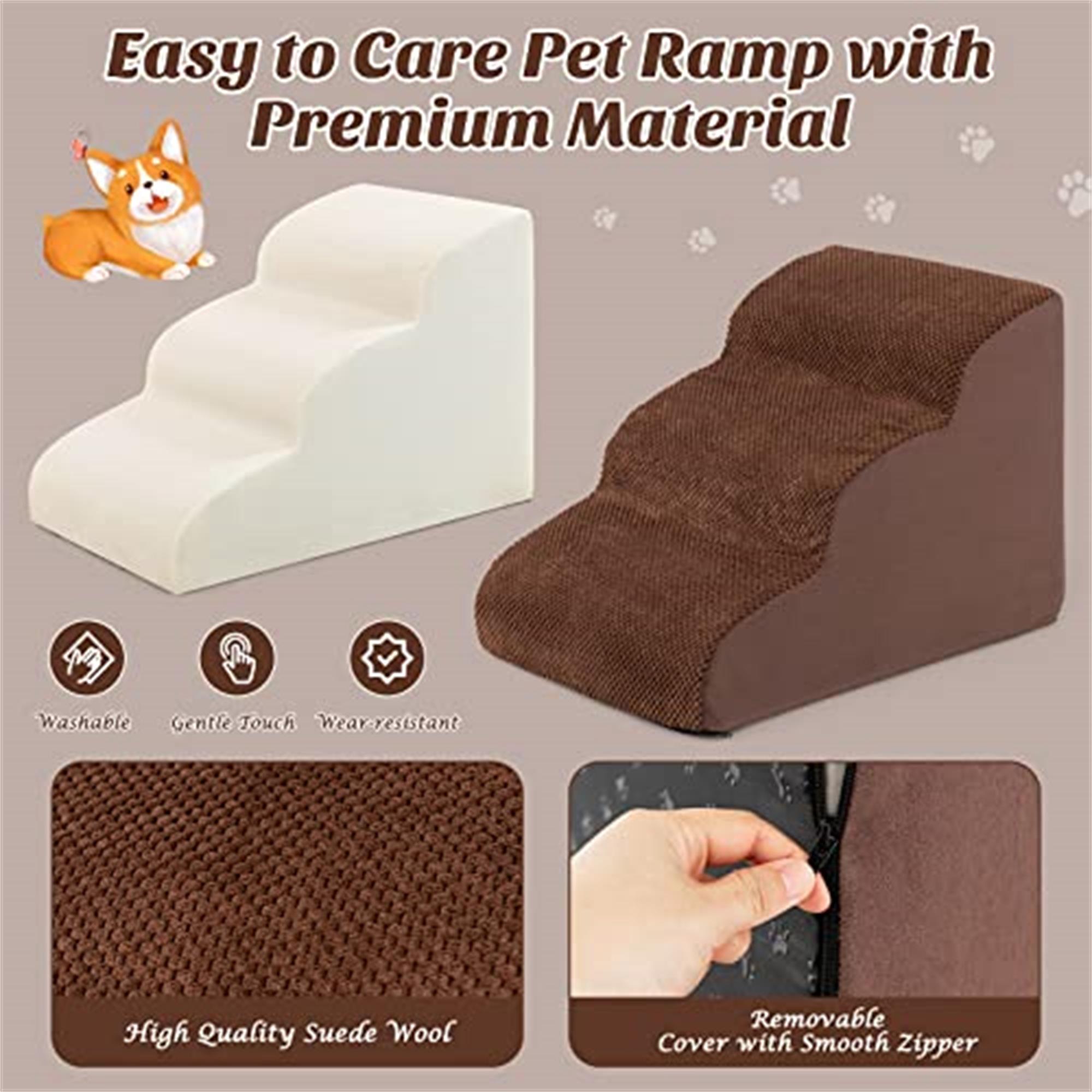 resenkos 23" Pet Stairs for Small Dogs, 3-Step Dog Ramp for Beds and Couch, Non-Slip Balanced Indoor Step, Brown