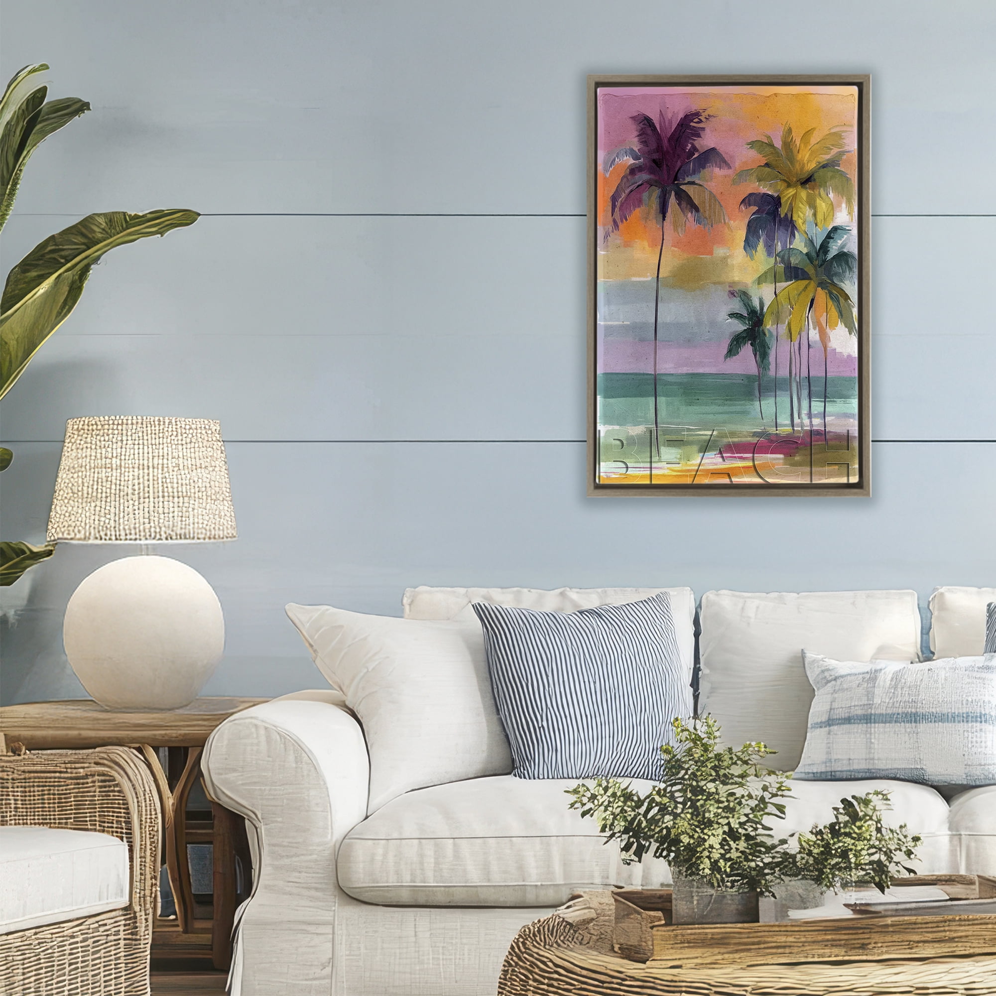 Stupell Industries Crayon Beach at Sunset Brown Framed Floater Canvas Wall Art, design by Annabelle Hall