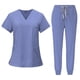 thumbnail image 3 of Conjunto de uniforme médico para mujer con cordón ajustable, camiseta y pantalones con cuello en V duraderos Azul claro, 3 of 9