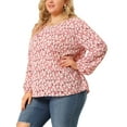 thumbnail image 4 of Unique Bargains Women's Plus Floral Ruffle Round Neck Peplum Blouse 1X Pink, 4 of 7
