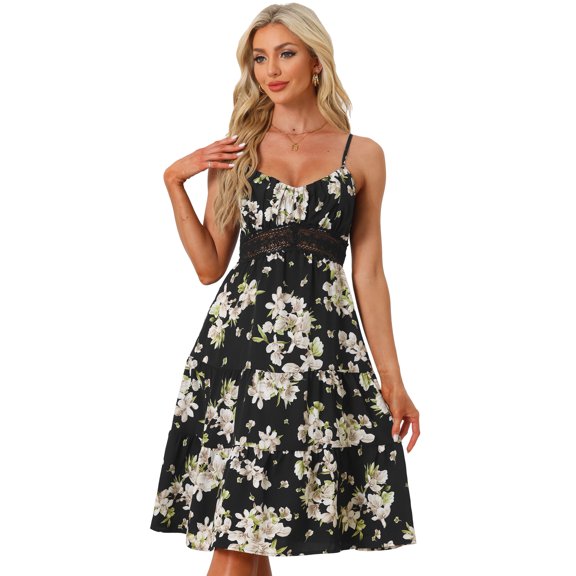 DARING DIVA Women's Floral Print Crochet Panel Midi Dresses XS Black