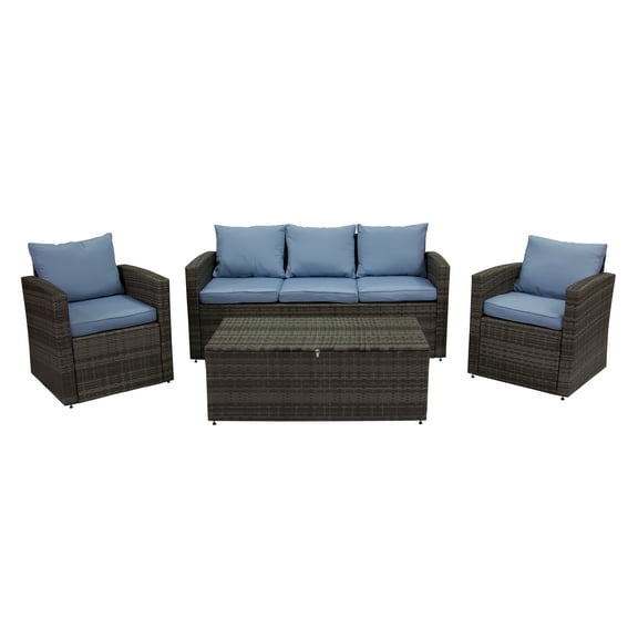 Incadozo 4PC All-Weather Wicker Conversation Set with Storage, Gray/Blue