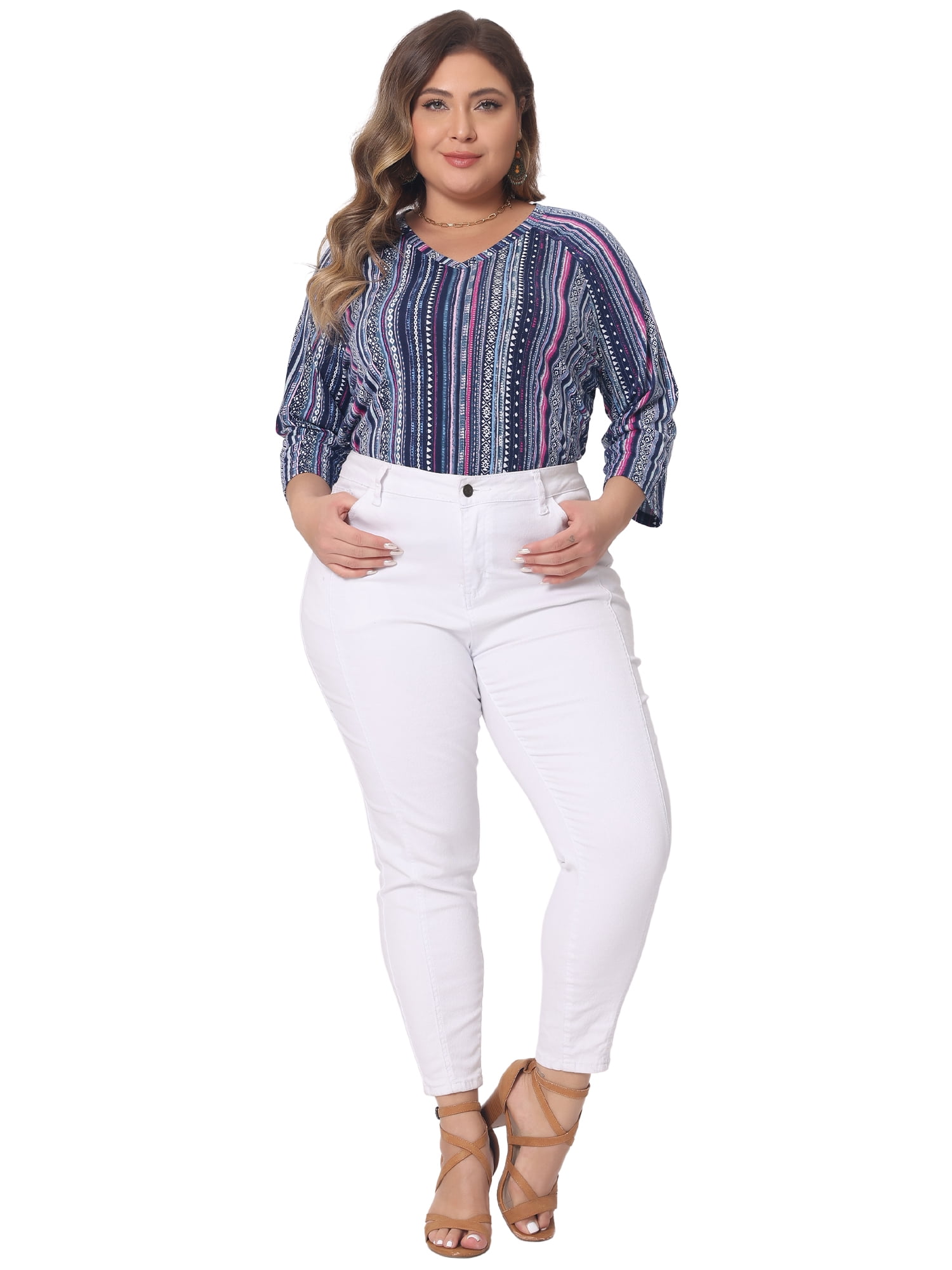 Women's Plus Tops V Neck 3/4 Sleeve Knit Blouse Tee Shirt Stripe Boho Tops 3X Navy Blue