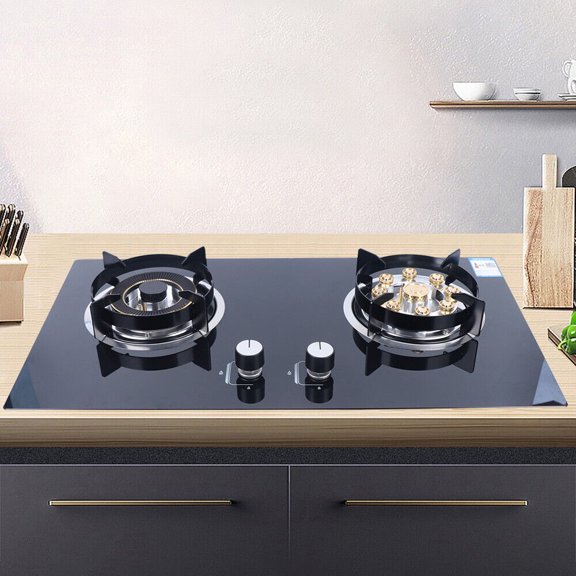 FETCOI 2 Burners Natural Gas Cooktop Built-in Gas Stove Kitchen Gas Cooker Black 730mm