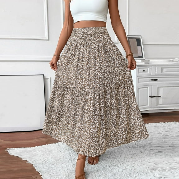 BOMYJESK Floral Skirts for Women Summer Maxi Long Skirt Swing Pleated A-Line Flared Skirt Elastic High Waist Trendy Beach Vacation Clothes with Pockets Khaki M