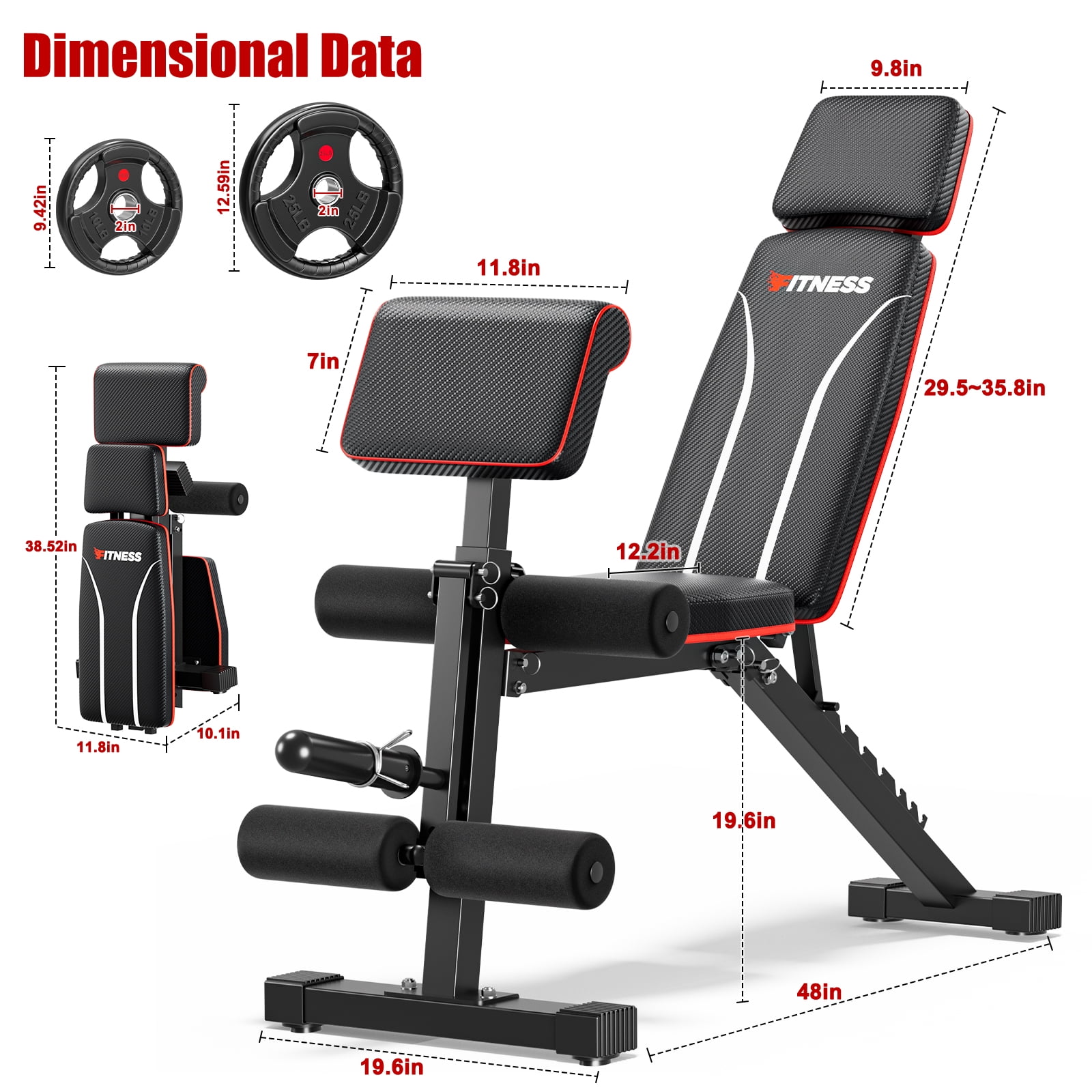 GIKPAL 7 Positions Foldable Adjustable Olympics Weight Bench Workout Bench with 70lb(10lb*2+25lb*2) Weight Plates