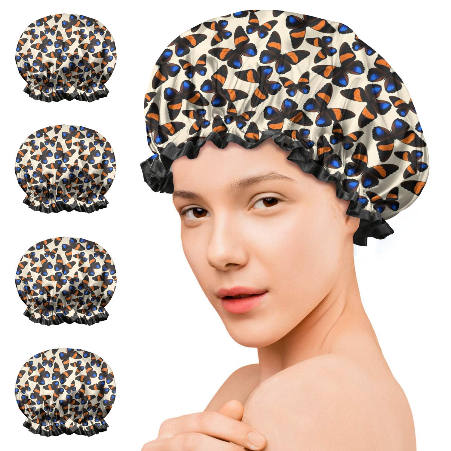 Shower Caps,Beige Butterfly Blue Orange Pattern Waterproof Shower Cap for Women 4 Pieces,Double Reusable Hair Cover for Shower PEVA Elastic Stretch Hem