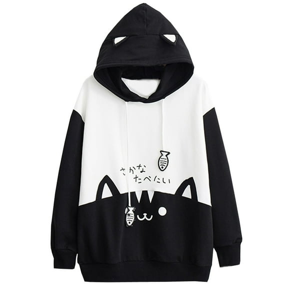 LEAVINGSUO Women's Sweatshirt Hoodie Clearance Fall Winter Fashion Casual,Womens Casual Long Sleeve Kitty Print Pocket Thin Hoodie Blouse BK/S