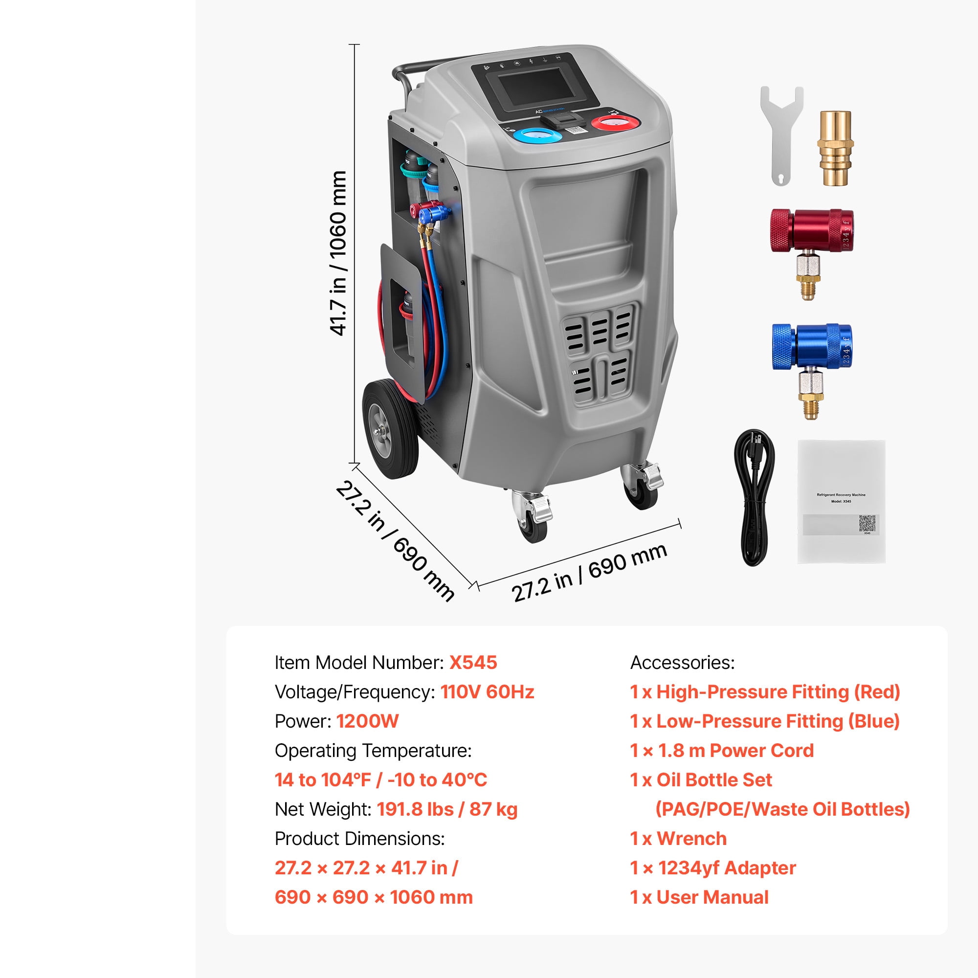 KFFKFF Fully Automatic Refrigerant Recovery Machine for 1234yf, High Accuracy, 7-Inch Touch Screen, AC Recovery, Vacuum, and Recharge for Standard and High Voltage Automotive A/C Systems