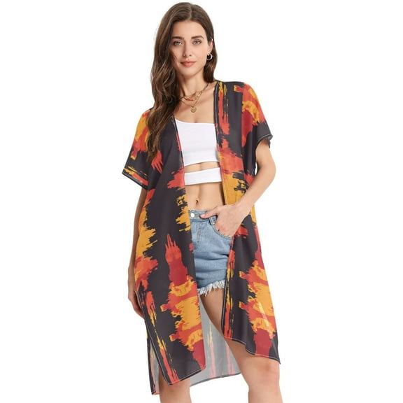 Beach Vacation Clothes Kimono Cardigan Loose Swimsuit Cover Up for Women Abstract Fire Shapes S