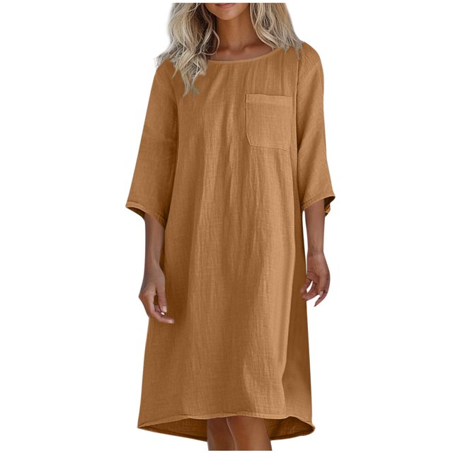Liquidation d'Été 2025! Robe Grande Taille pour Femmes, Liquidation de Robe d'Été pour Femmes, Mode Décontractée d'Été pour Femmes Col Rond Manches 3/4 Robes de Plage Unies avec Poches