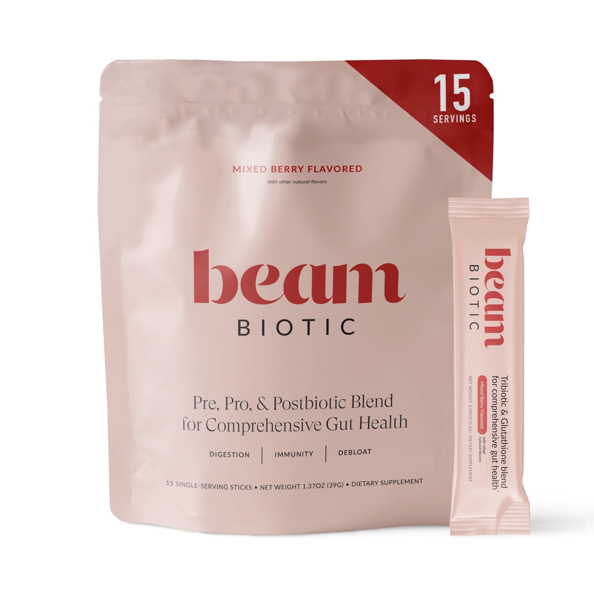 Beam Biotic Probiotics for Women – Gut Health & Digestive Health Powder with Pre, Pro & Postbiotics + Glutathione, Daily Probiotic Drink for Bloating Relief & Gut Balance, 15 Servings, Mixed Berry