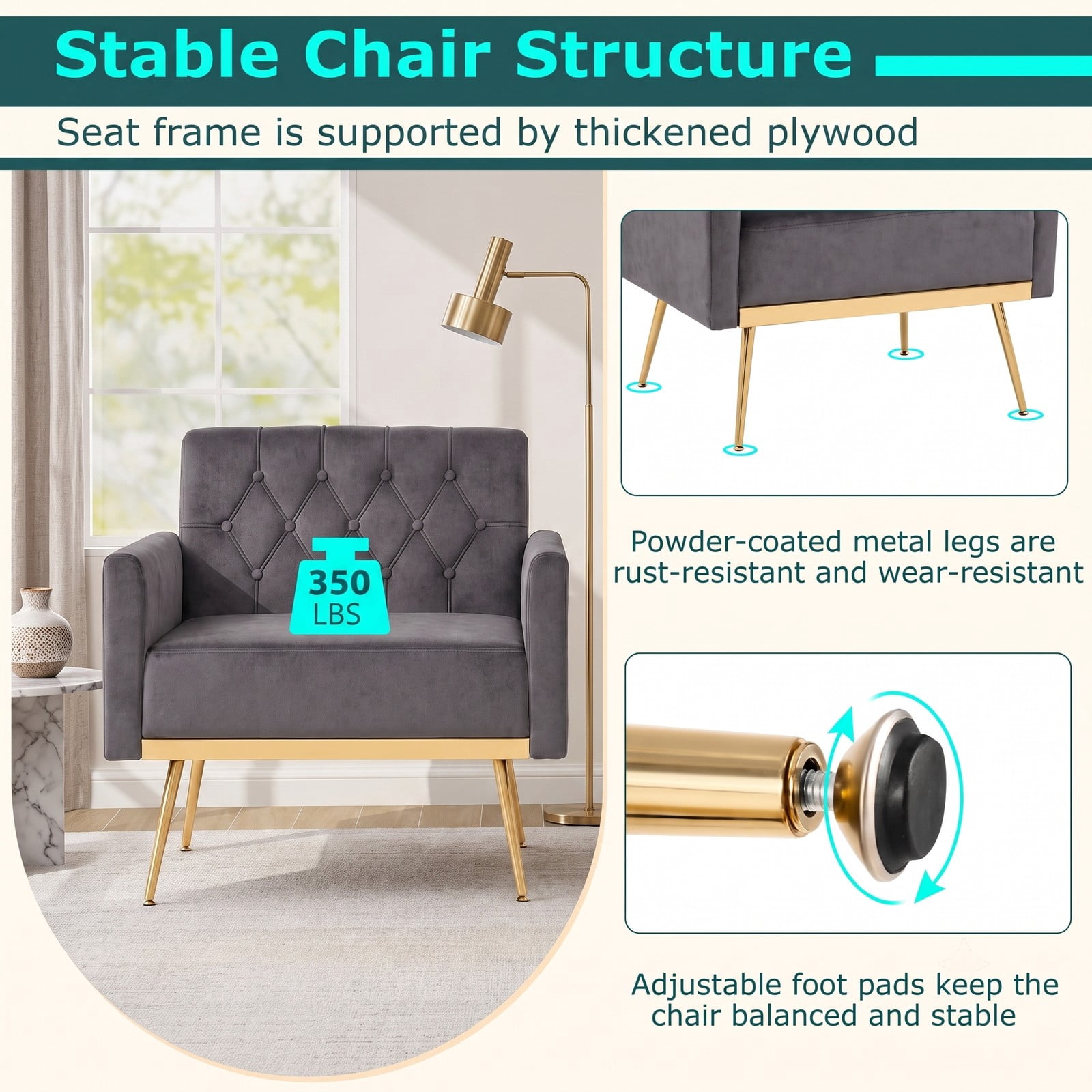 Furnibear Modern Velvet Accent Chair, Upholstered Button-Tufted Single Sofa Armchair with Adjustable Feet and Metal Legs for Living Room Bedroom Office, 350 lbs, Gray