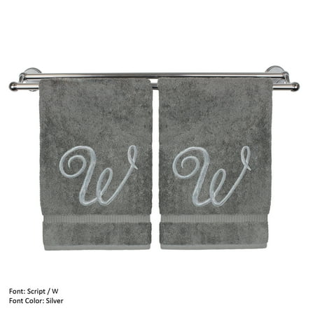 Personalized Embroidered Baby Gifts Monogrammed Washcloth Towel, Personalized Gift, 13x13 Inches - Set of 2 - Silver Script Embroidered Towel - Extra Absorbent 100% Turkish Cotton - Soft Terry Finish - Initial W Gray ()